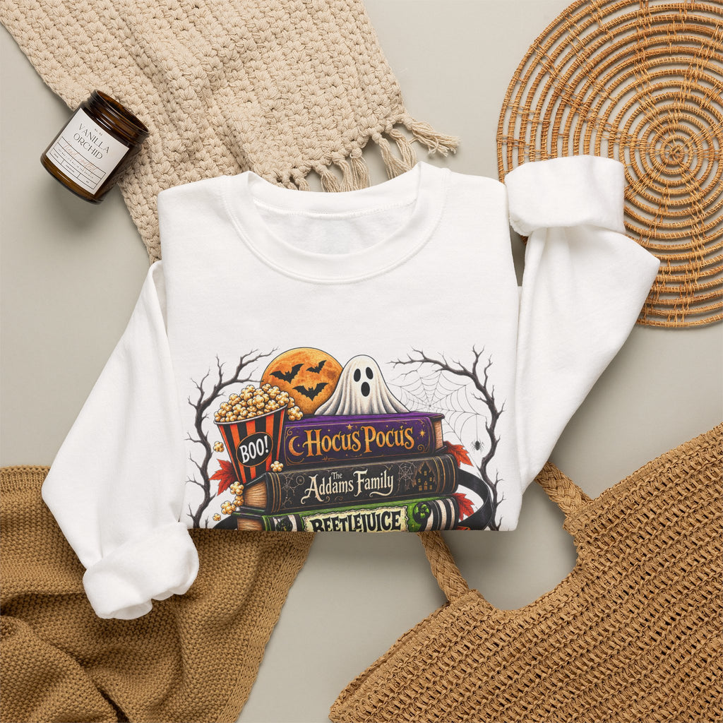 Halloween Horror Book Stack Sweatshirt — Spooky Pumpkin & Skull Cozy Crewneck