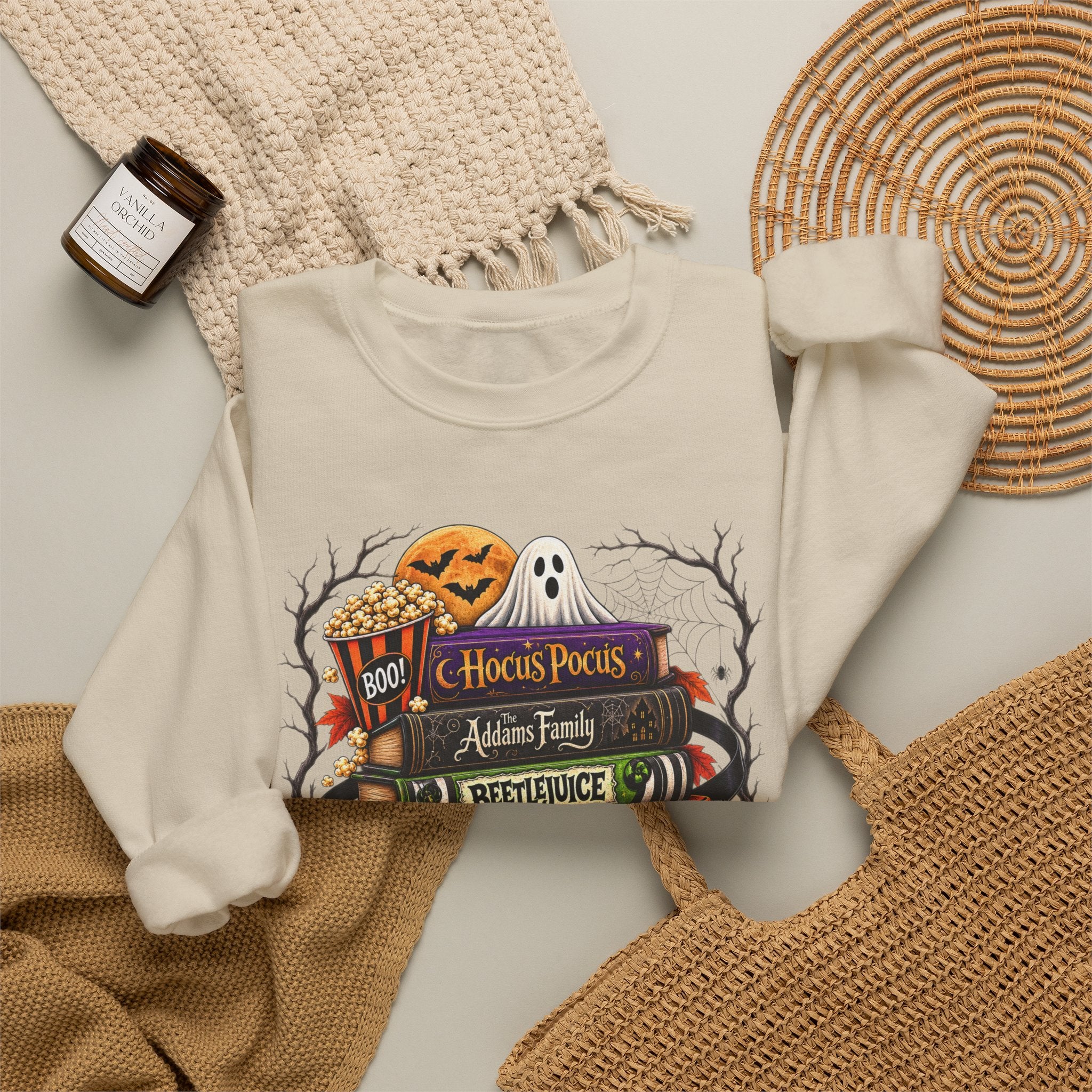 Halloween Horror Book Stack Sweatshirt — Spooky Pumpkin & Skull Cozy Crewneck