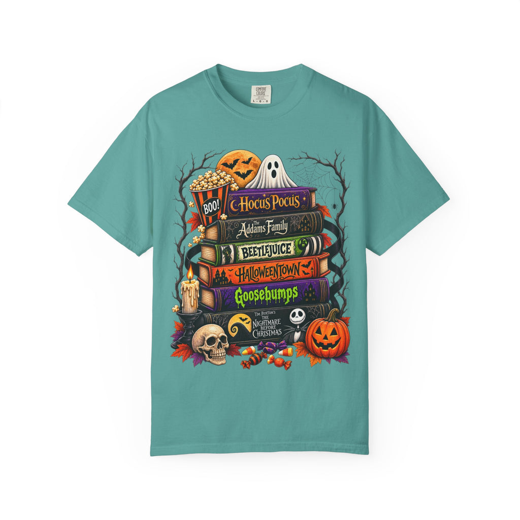 Halloween Horror Book Stack T-Shirt — Hocus Pocus, Beetlejuice, Goosebumps Design