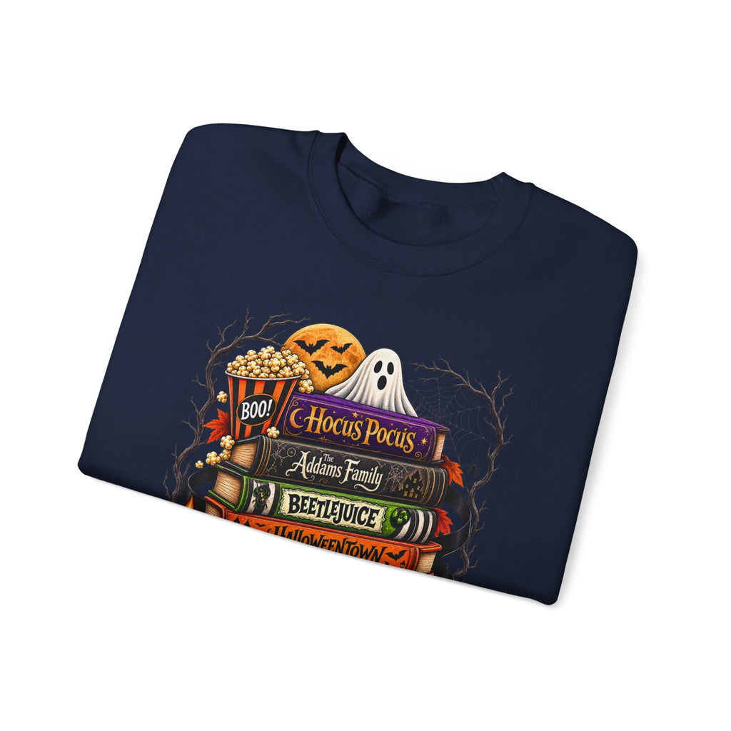 Halloween Horror Book Stack Sweatshirt — Spooky Pumpkin & Skull Cozy Crewneck