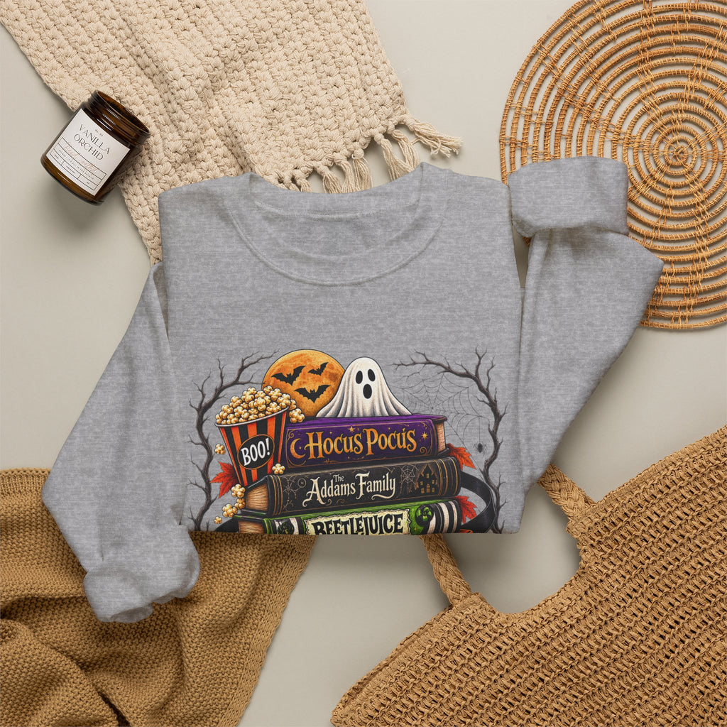 Halloween Horror Book Stack Sweatshirt — Spooky Pumpkin & Skull Cozy Crewneck