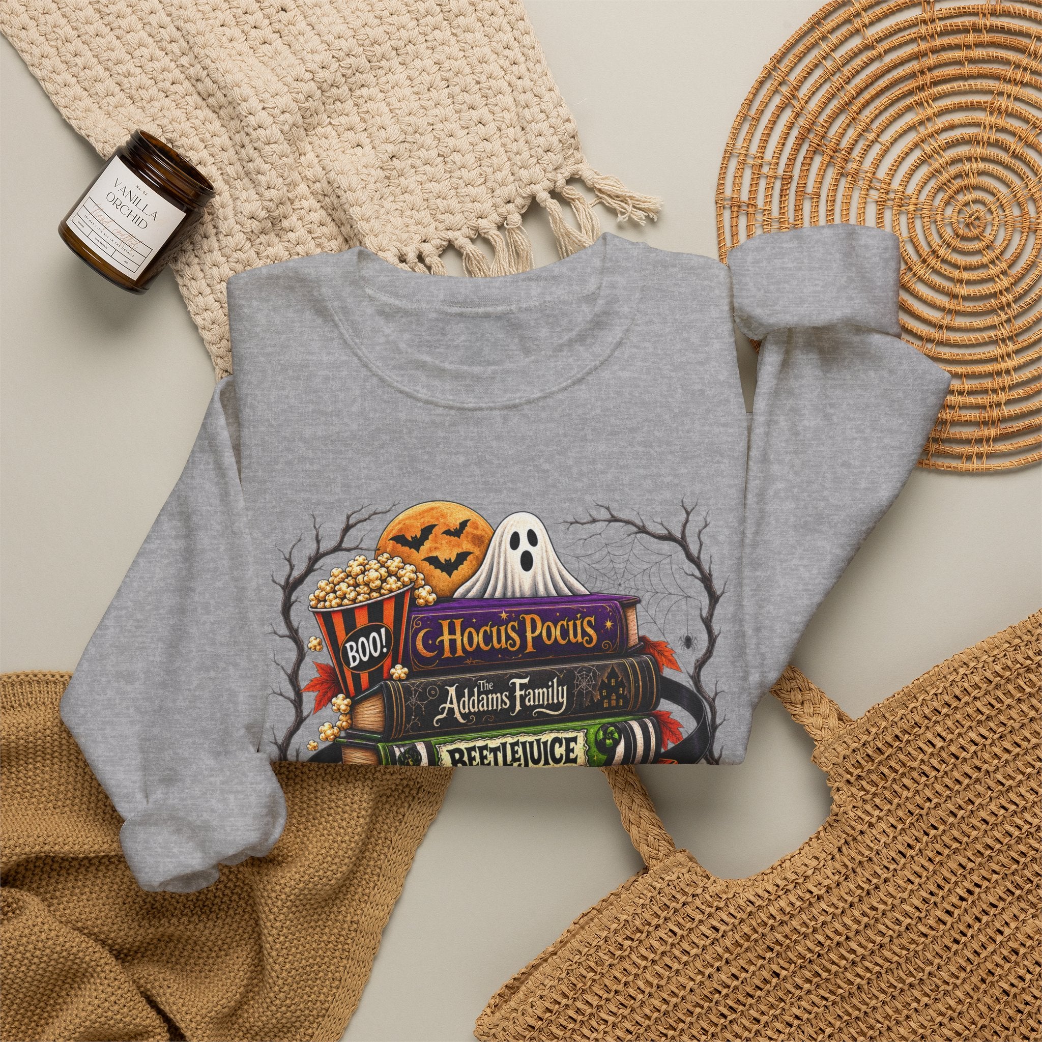 Halloween Horror Book Stack Sweatshirt — Spooky Pumpkin & Skull Cozy Crewneck