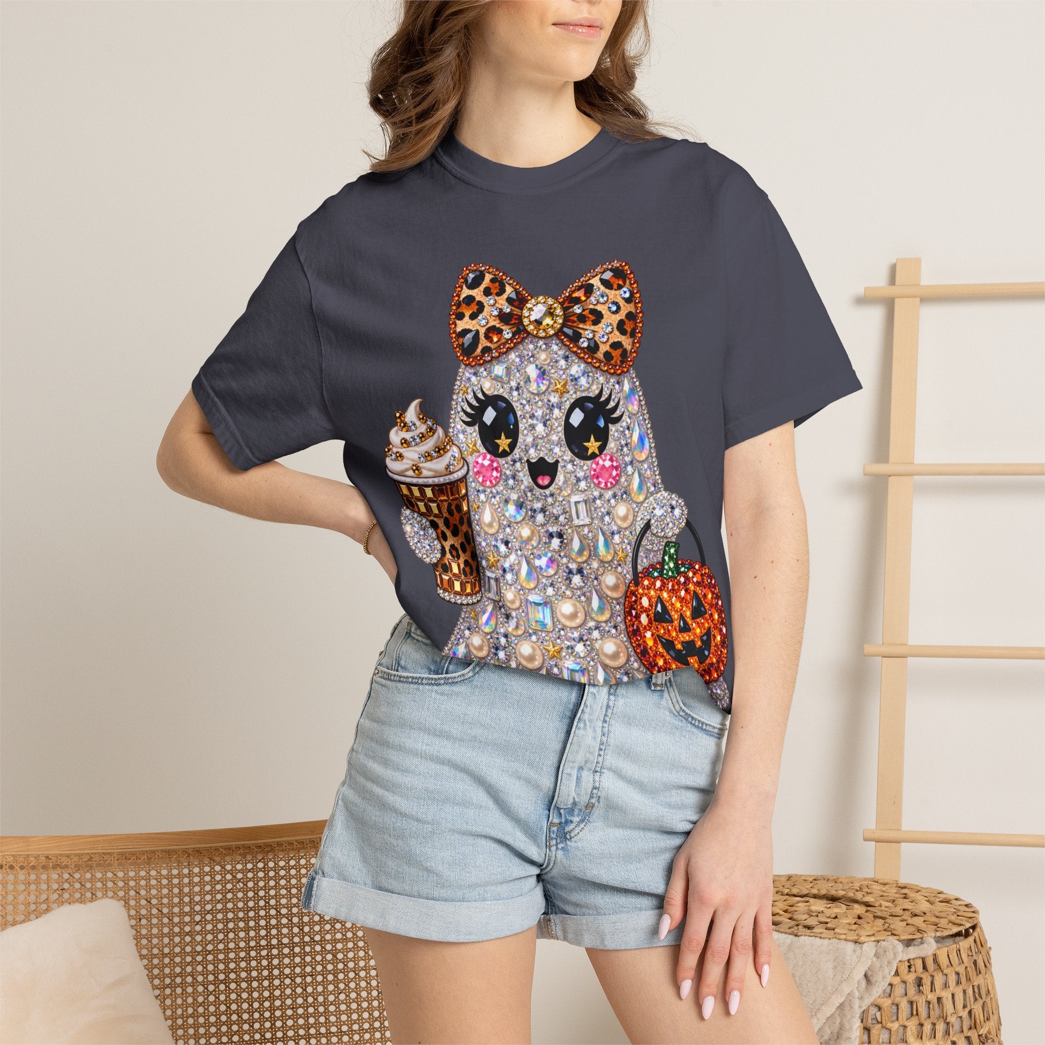 Halloween Sparkle Ghost T-Shirt — Cute Gemstone Ghost with Pumpkin & Coffee