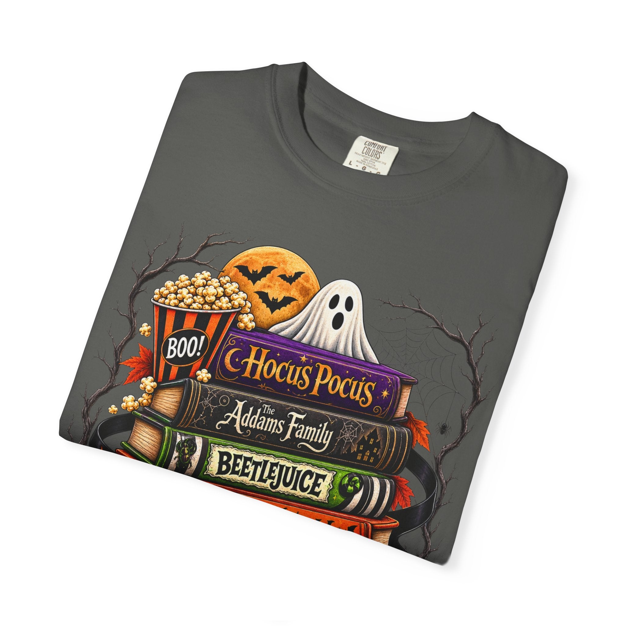 Halloween Horror Book Stack T-Shirt — Hocus Pocus, Beetlejuice, Goosebumps Design