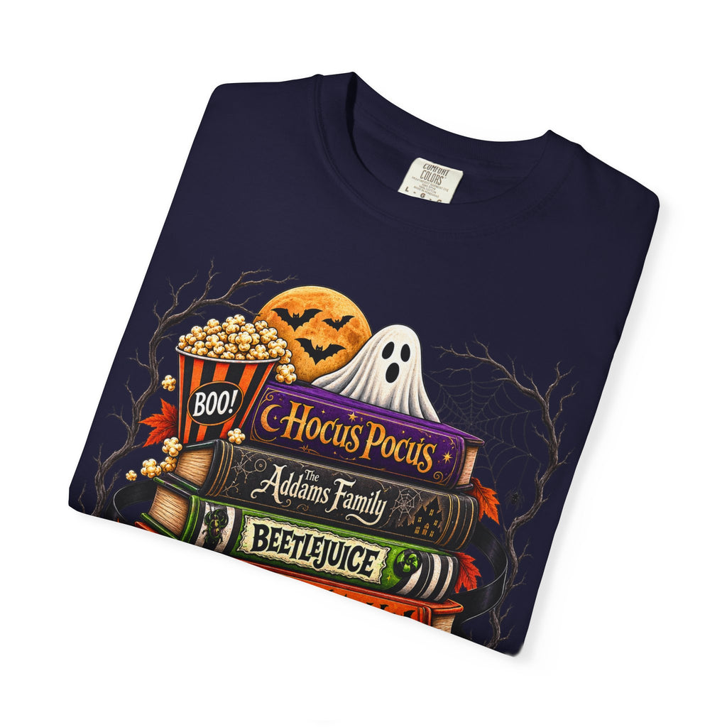 Halloween Horror Book Stack T-Shirt — Hocus Pocus, Beetlejuice, Goosebumps Design
