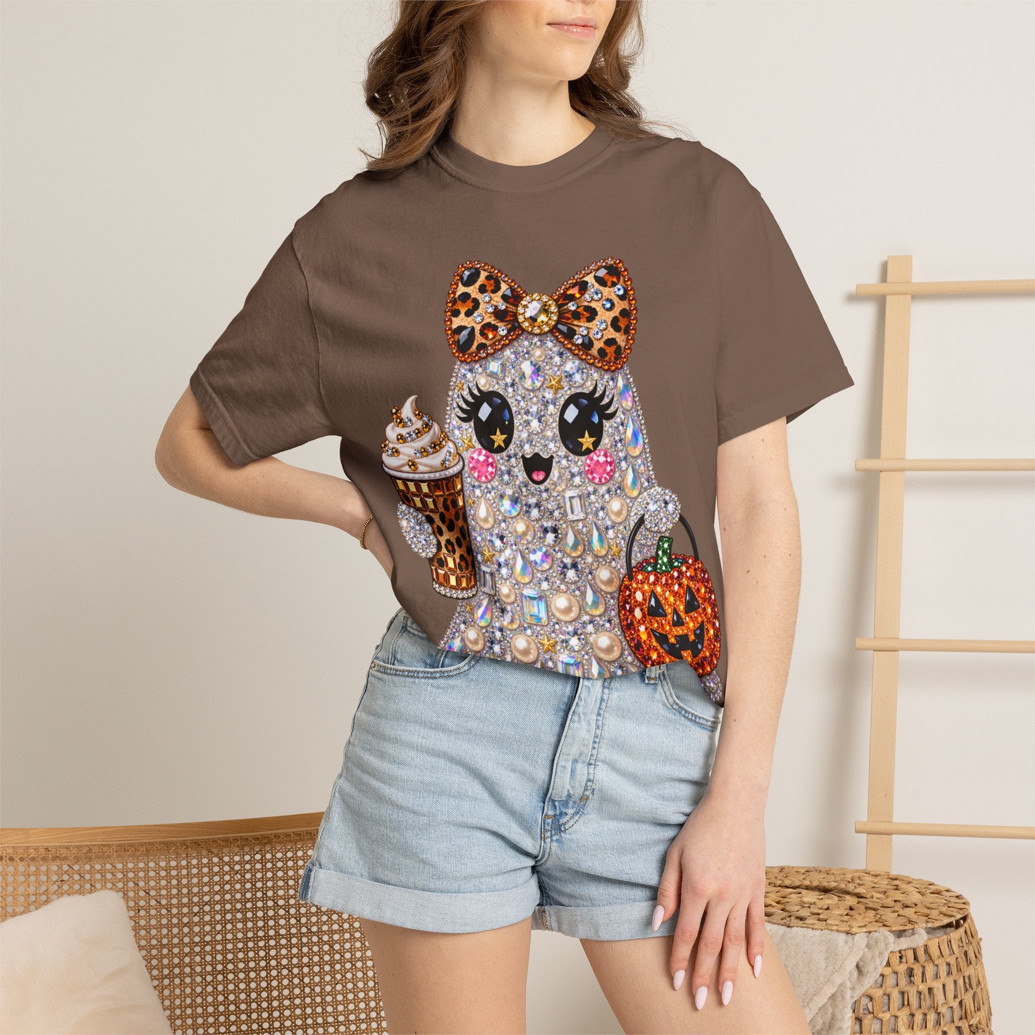 Halloween Sparkle Ghost T-Shirt — Cute Gemstone Ghost with Pumpkin & Coffee