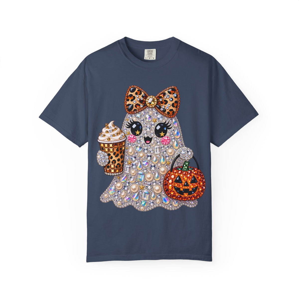 Halloween Sparkle Ghost T-Shirt — Cute Gemstone Ghost with Pumpkin & Coffee