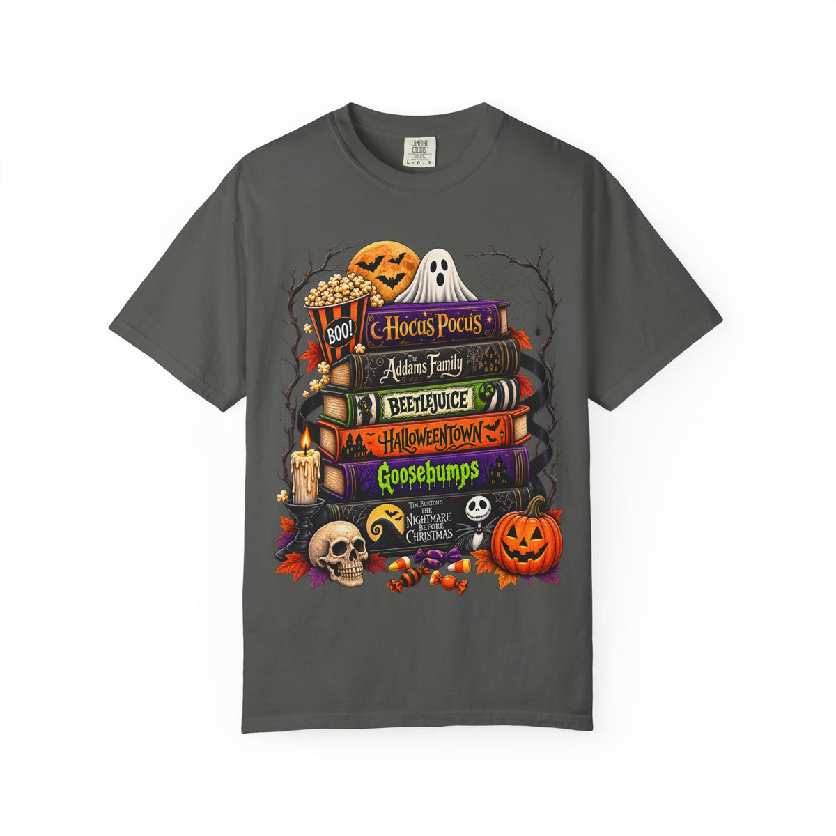 Halloween Horror Book Stack T-Shirt — Hocus Pocus, Beetlejuice, Goosebumps Design