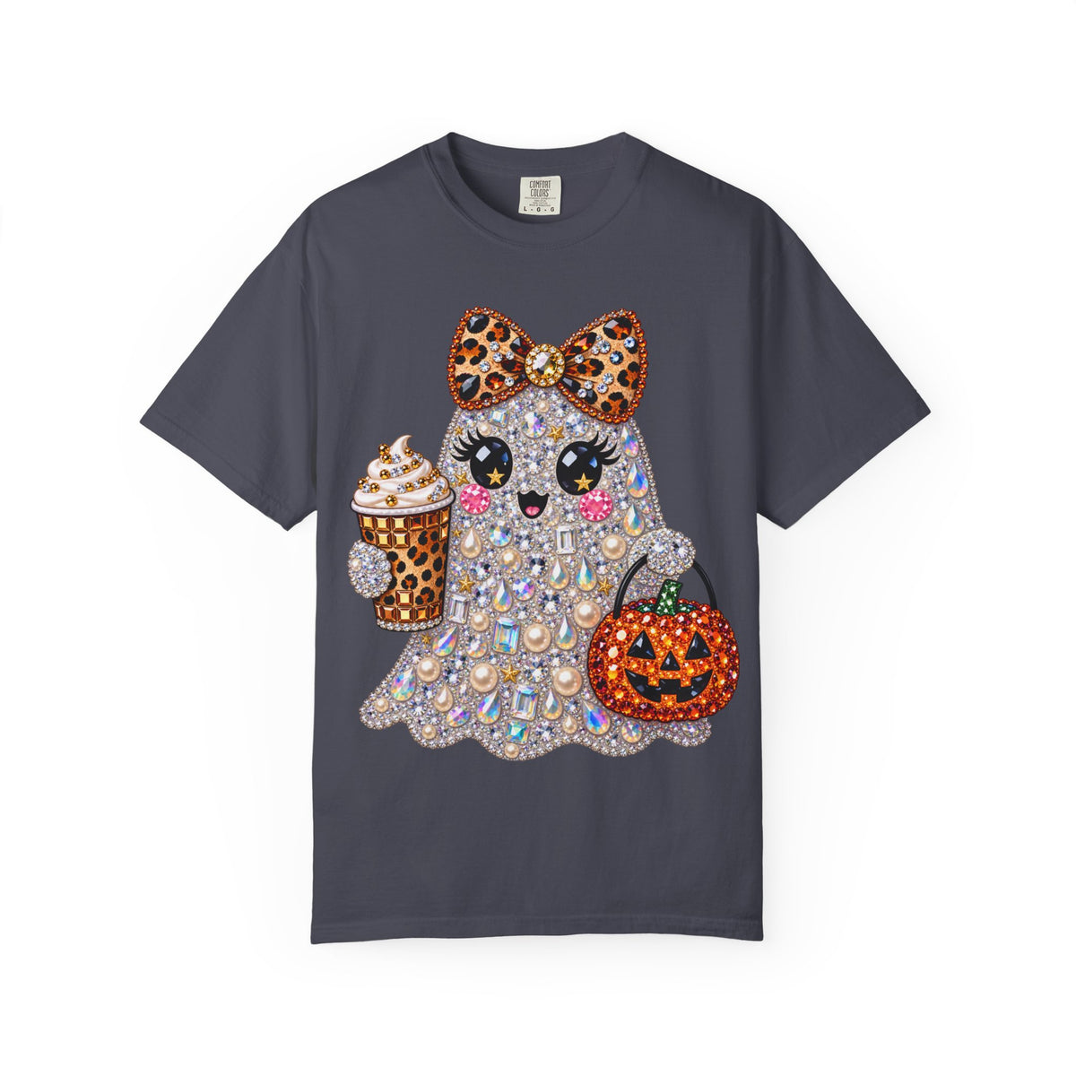 Halloween Sparkle Ghost T-Shirt — Cute Gemstone Ghost with Pumpkin & Coffee